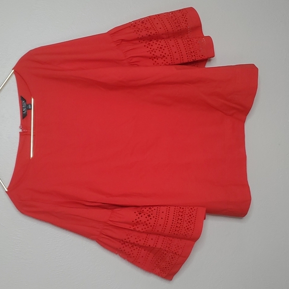 Lauren Ralph Lauren Red Laser Cut Bell Sleeve Top Size Large - Picture 7 of 8